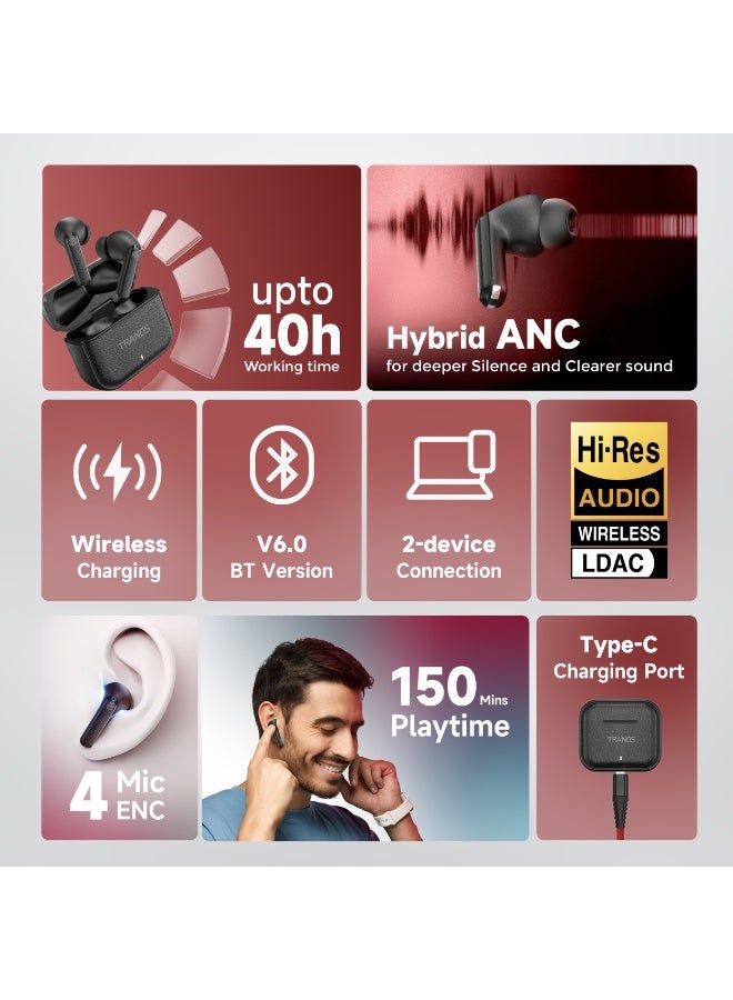 Trands TR-TWS-T7 Multi-Noise Cancellation Wireless Earbuds With Bluetooth 6.0 And Hi-Res LDAC Audio - Black - Image 2